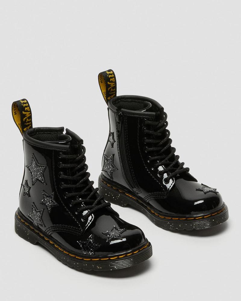 Black Kids' Dr Martens Toddler 1460 Glitter Star Patent Lace Up Boots | CA 694XYU